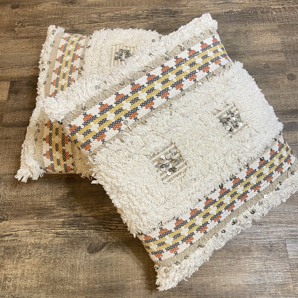 Devi Designs Moroccan Aztec Boho Throw Pillows Set‎ of 2 Cream Geometric Sequin